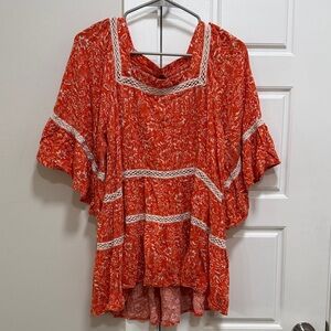 Free People Orange Patterned Blouse with Lace Accents